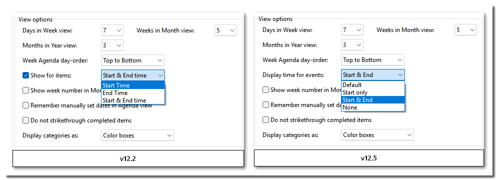 Calendar show item options